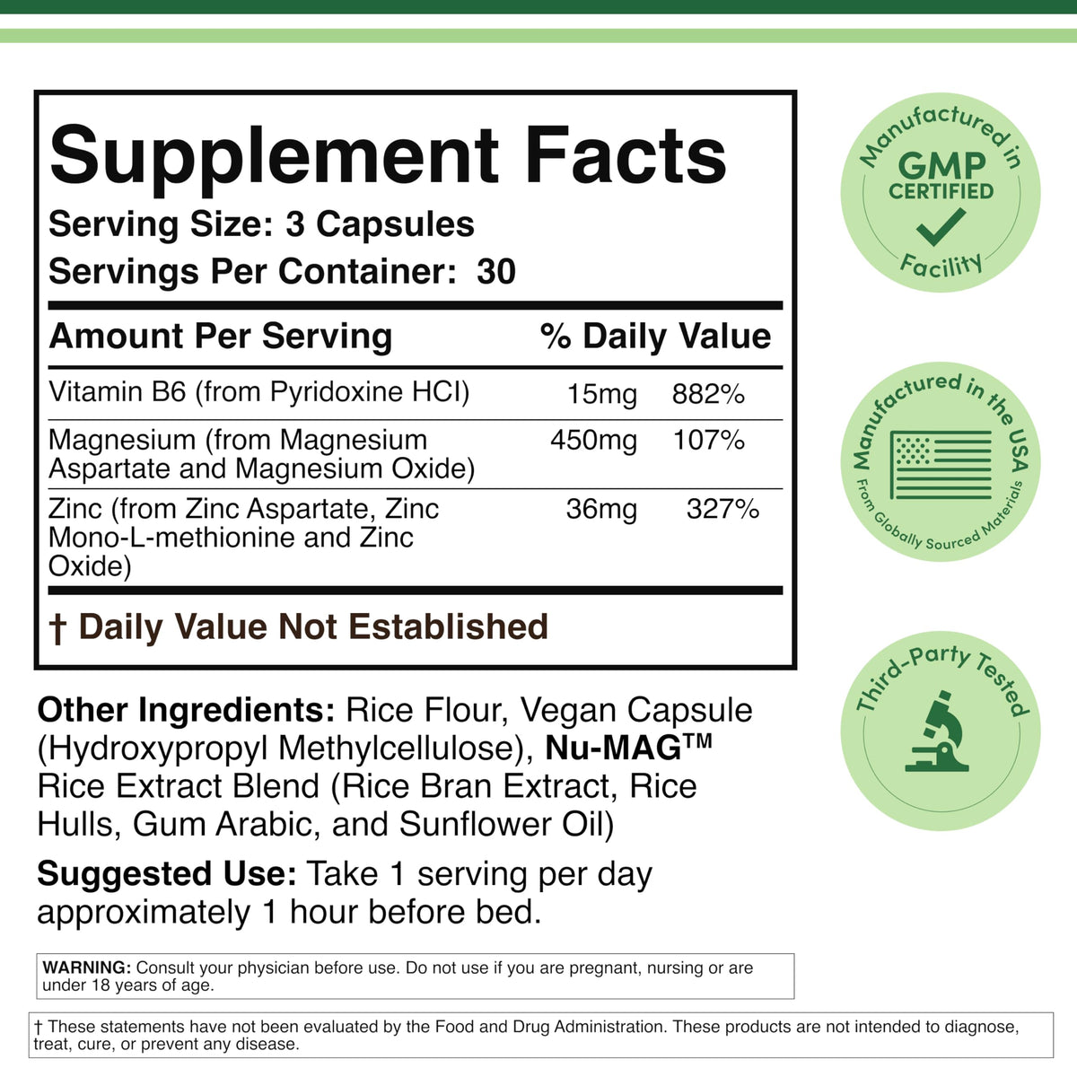 Double Wood ZMA Zinc, Magnésium et B6 90 capsules, étiquette détaillée