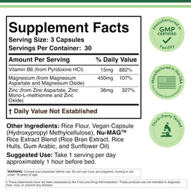 Double Wood ZMA Zinc, Magnésium et B6 90 capsules, étiquette détaillée