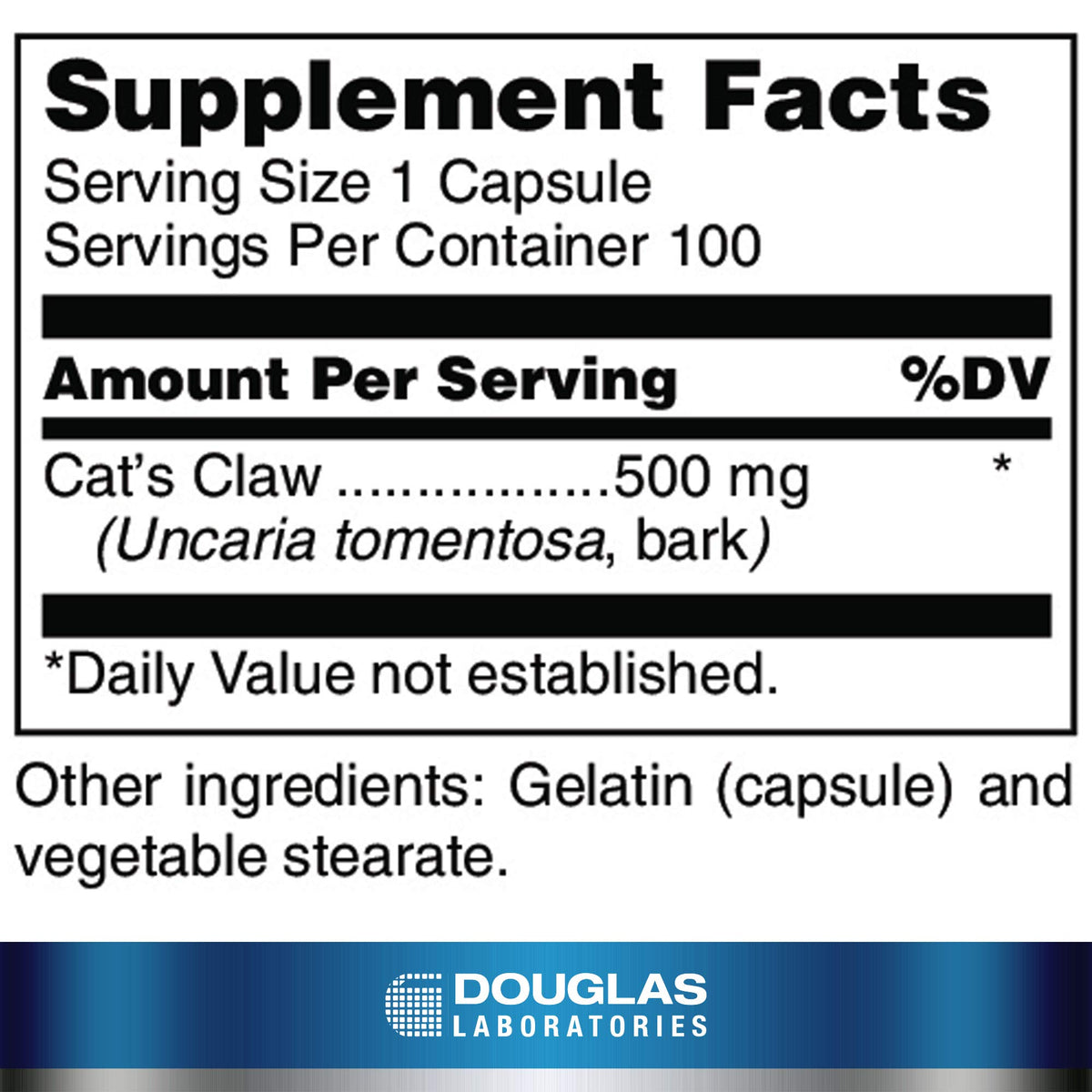 Douglas Laboratories Cat's Claw 100 capsules étiquette détaillée