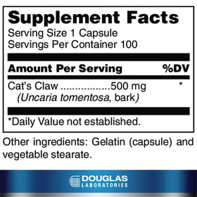 Douglas Laboratories Cat's Claw 100 capsules étiquette détaillée