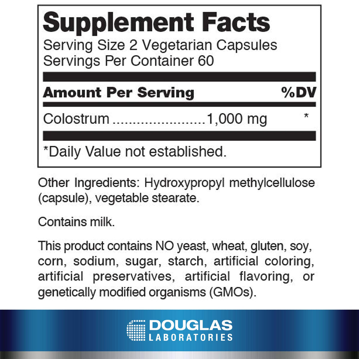 Douglas Laboratories Colostrum 120 Capsules - vue arrière de l'emballage