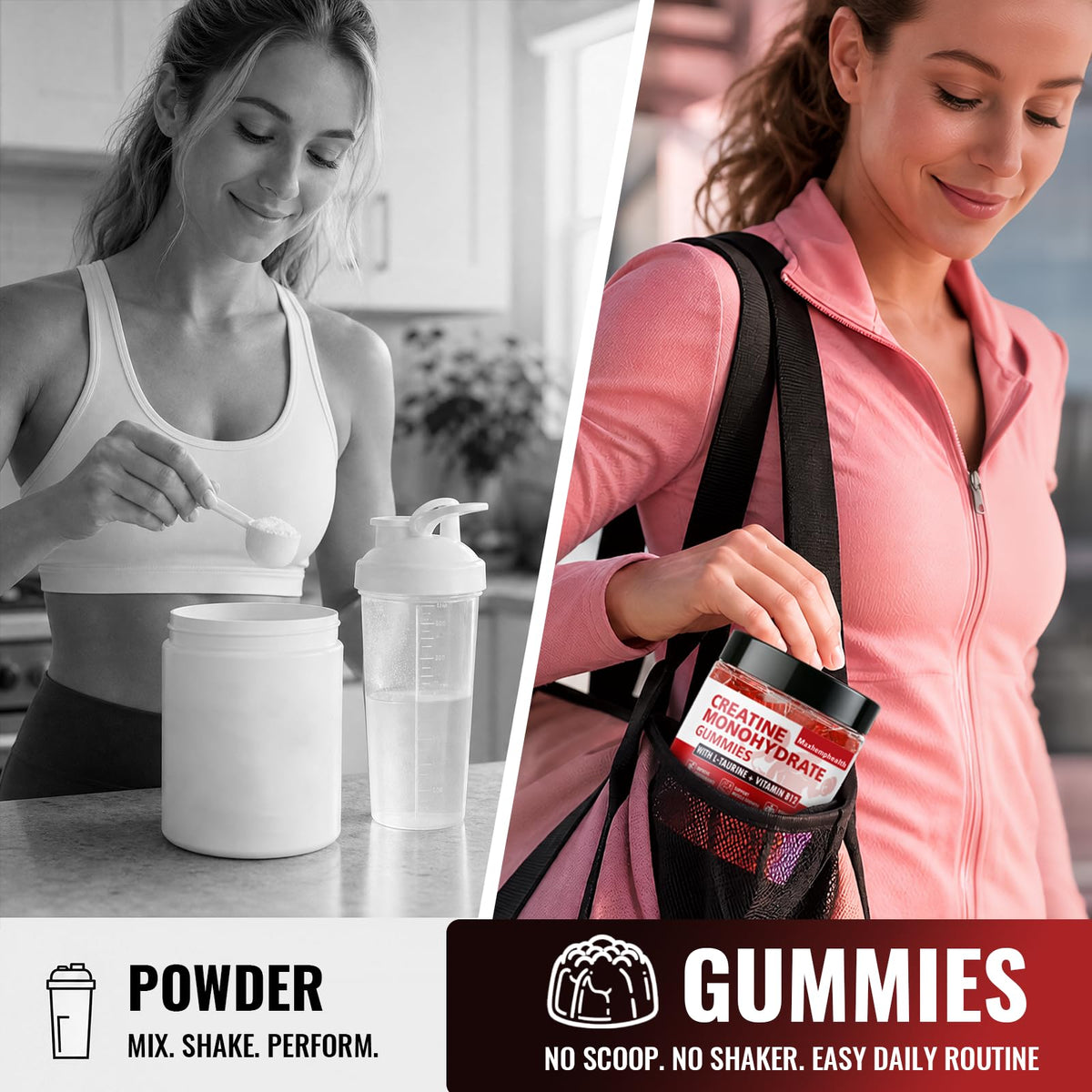 Douzaine de gummies de créatine Maxhemphealth sur une table en bois