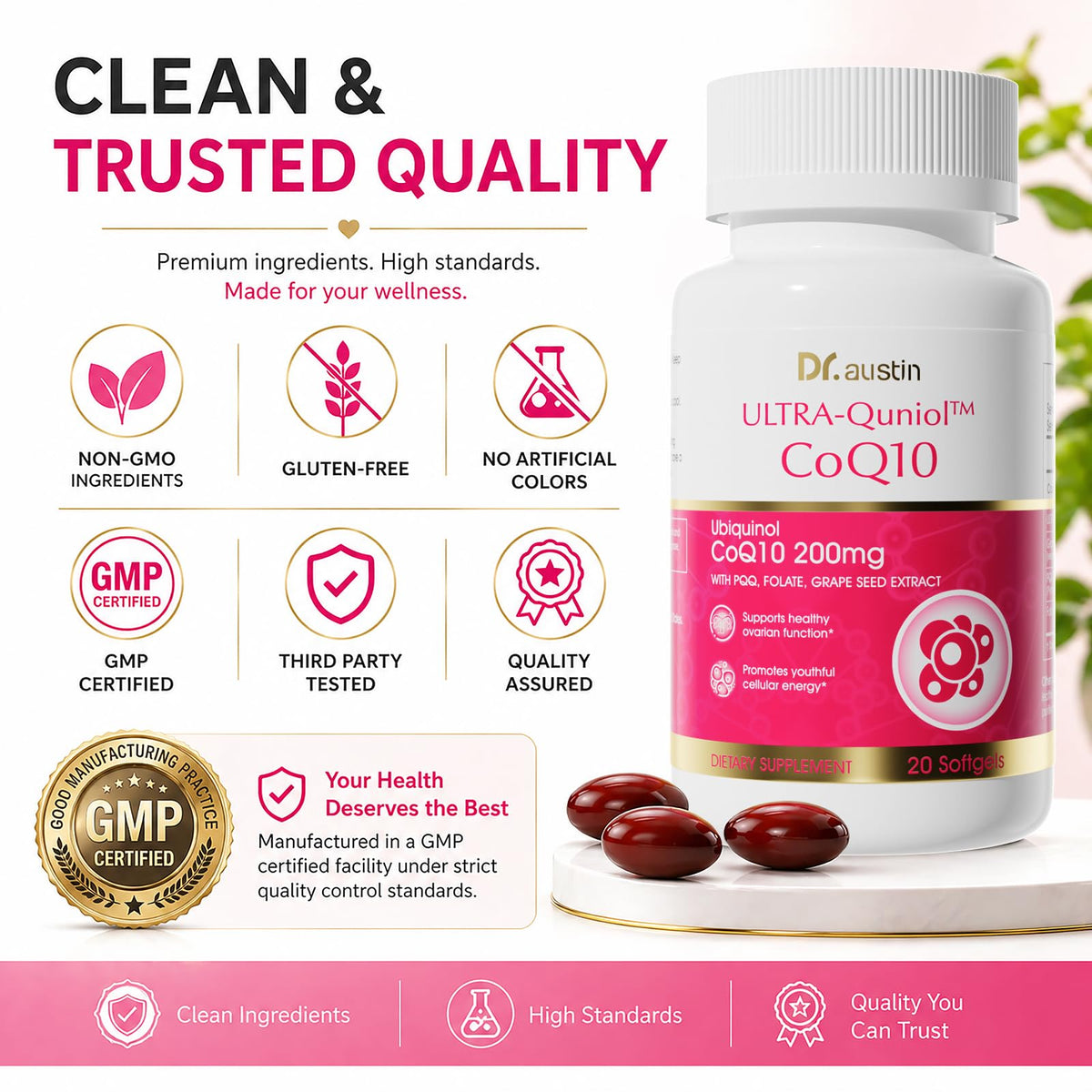 DR.AUSTIN CoQ10 Ubiquinol 200mg gélules au milieu de fruits