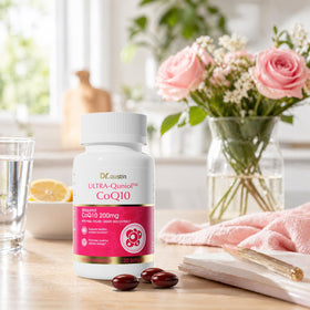 DR.AUSTIN CoQ10 Ubiquinol 200mg gélules avec un verre d'eau