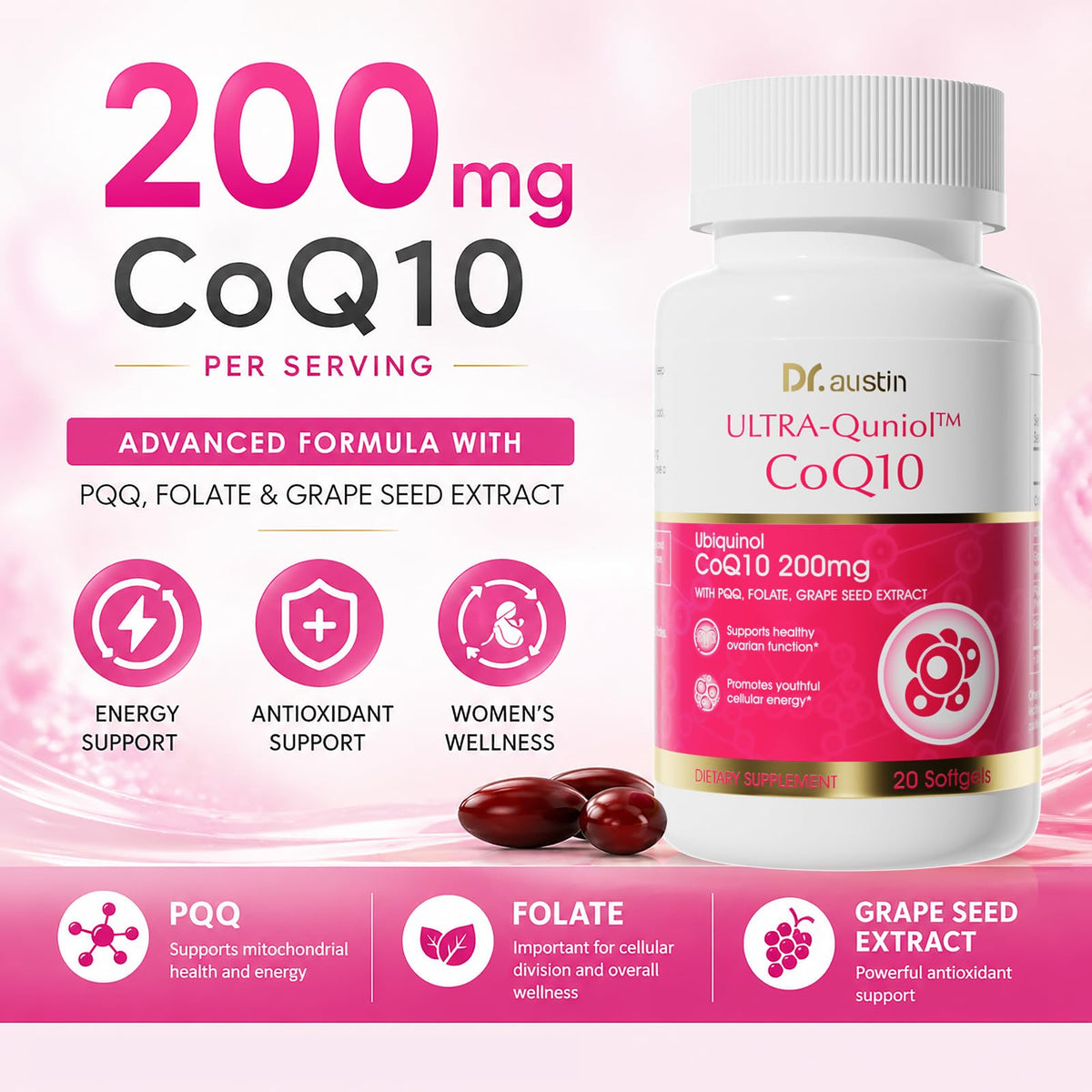 DR.AUSTIN CoQ10 Ubiquinol 200mg gélules sur fond blanc