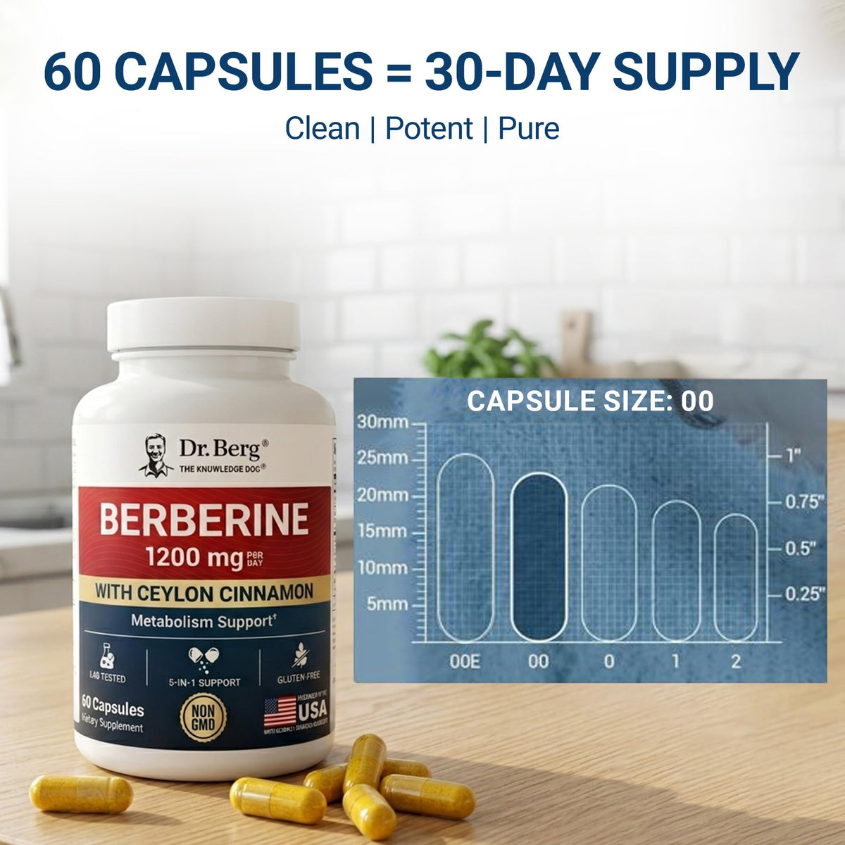 Dr. Berg Berbérine 5-en-1 sur un fond de cuisine