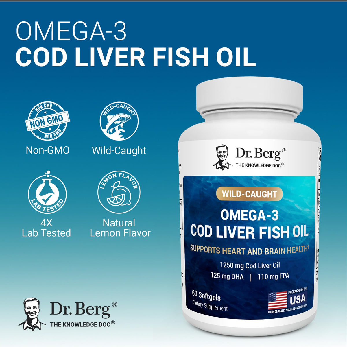 Dr. Berg Huile de Foie de Morue Omega-3 60 gélules, étiquette et informations