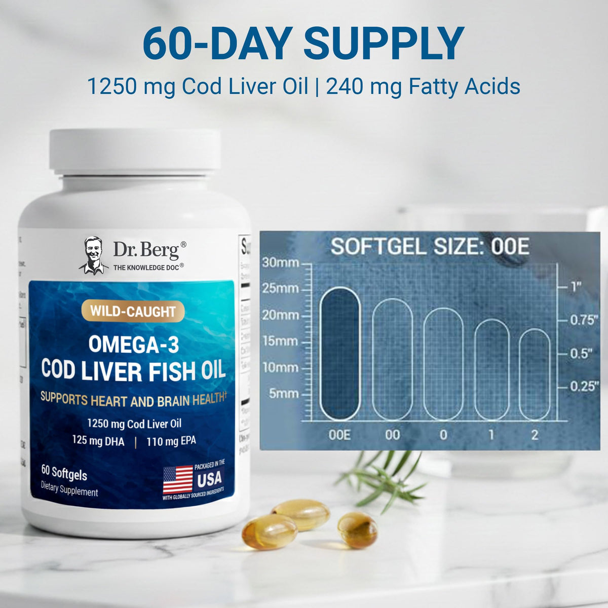 Dr. Berg Huile de Foie de Morue Omega-3 gélules ouvertes, vue des gélules