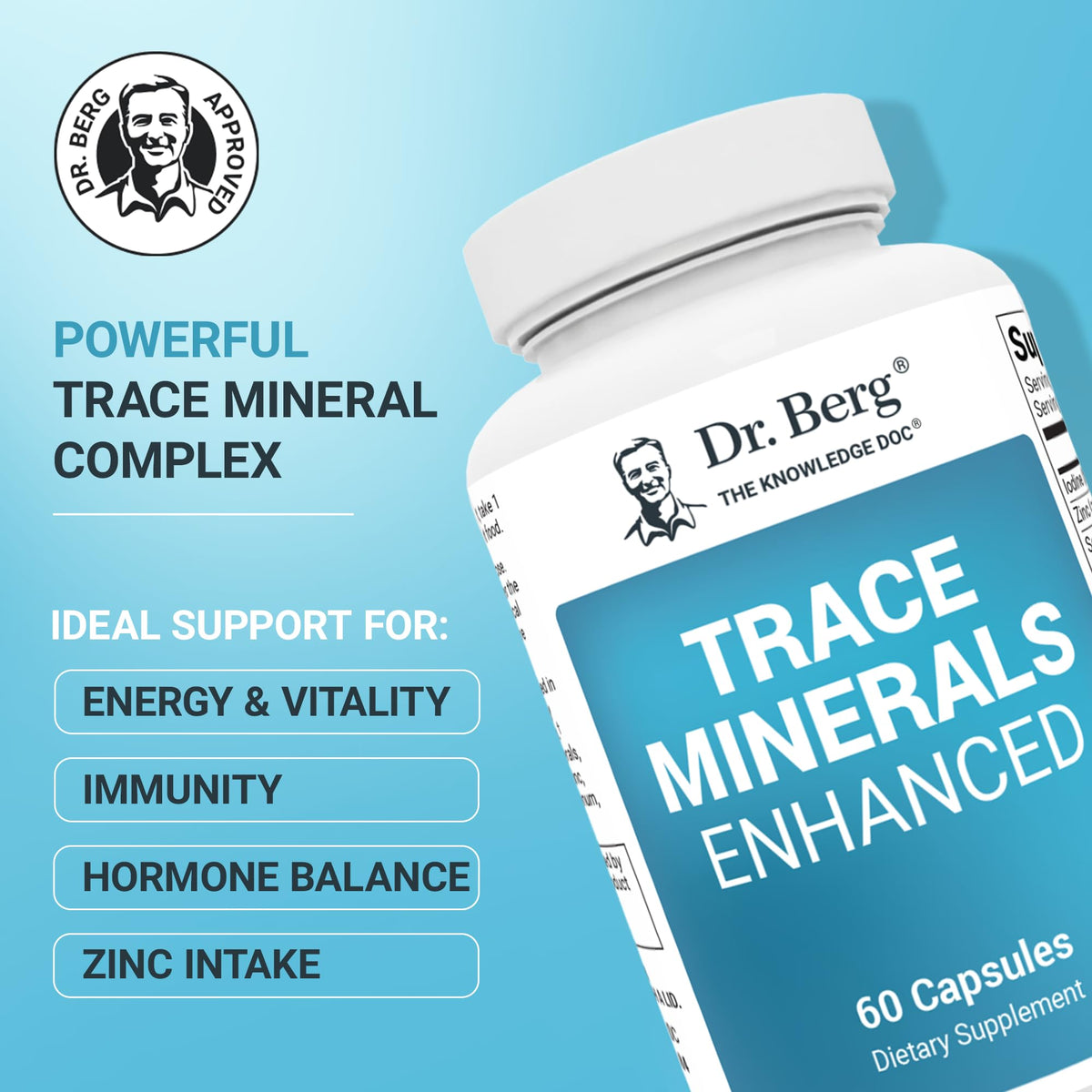 Dr. Berg Nutritionals complexe minéral 100 mg capsules à l'intérieur du flacon
