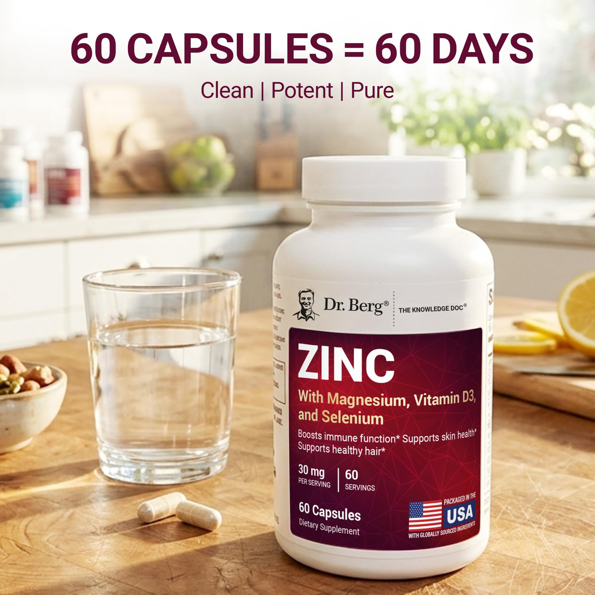 Dr. Berg Zinc 30 mg 60 capsules et un verre d'eau