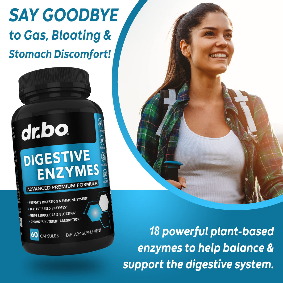 DR. BO Compléments Alimentaires Enzymes daily Végétales, bouteille ouverte avec capsules visibles