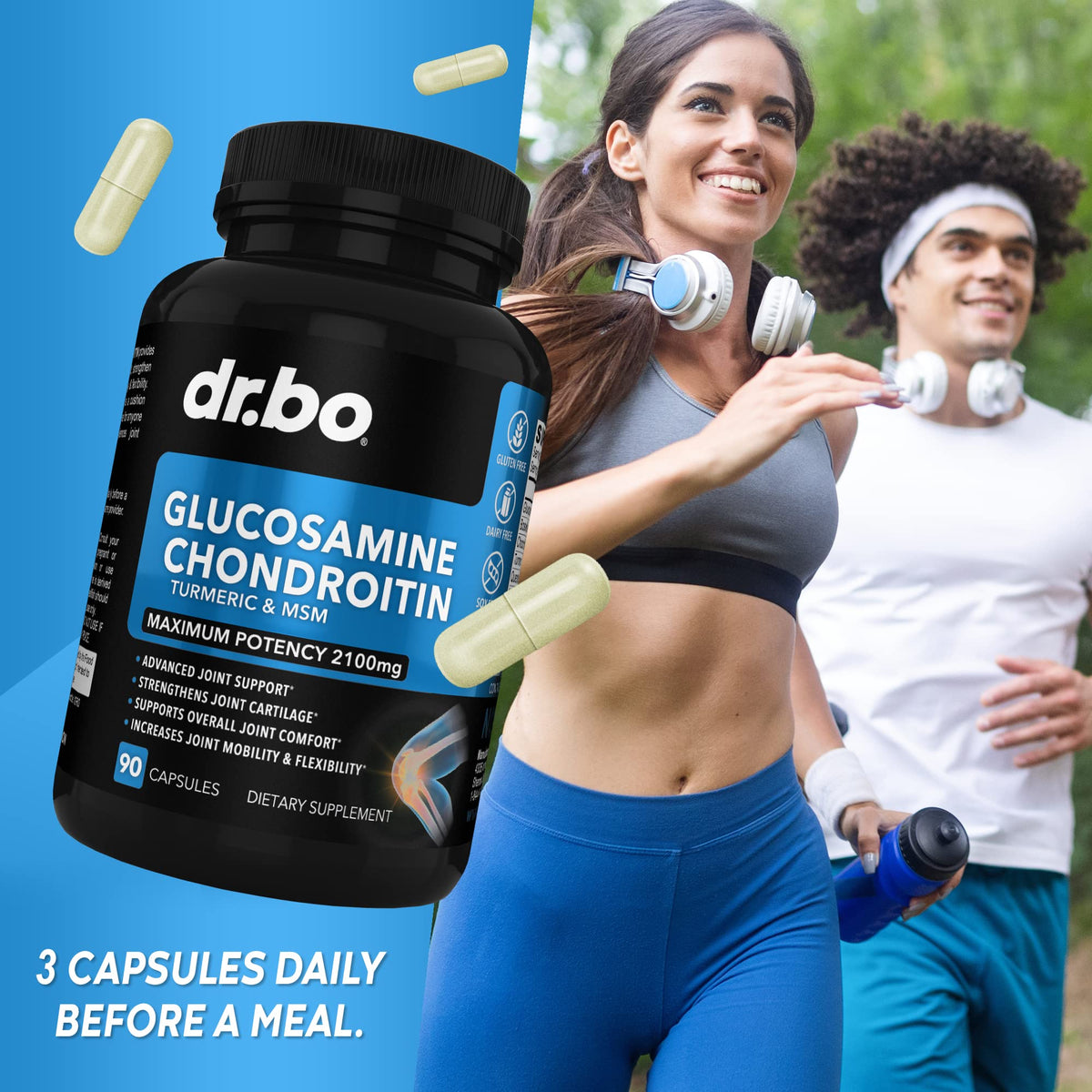 DR. BO Glucosamine Chondroïtine MSM 2100mg flacon avec gélules à côté