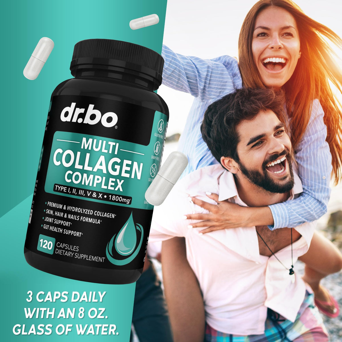DR. BO Multi Collagen Peptides 120 Capsules - gélules avec verre d'eau