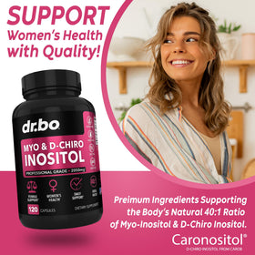 DR. BO Myo-Inositol & D-Chiro Inositol capsules on a table