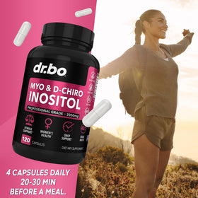 DR. BO Myo-Inositol & D-Chiro Inositol capsules with a glass of water