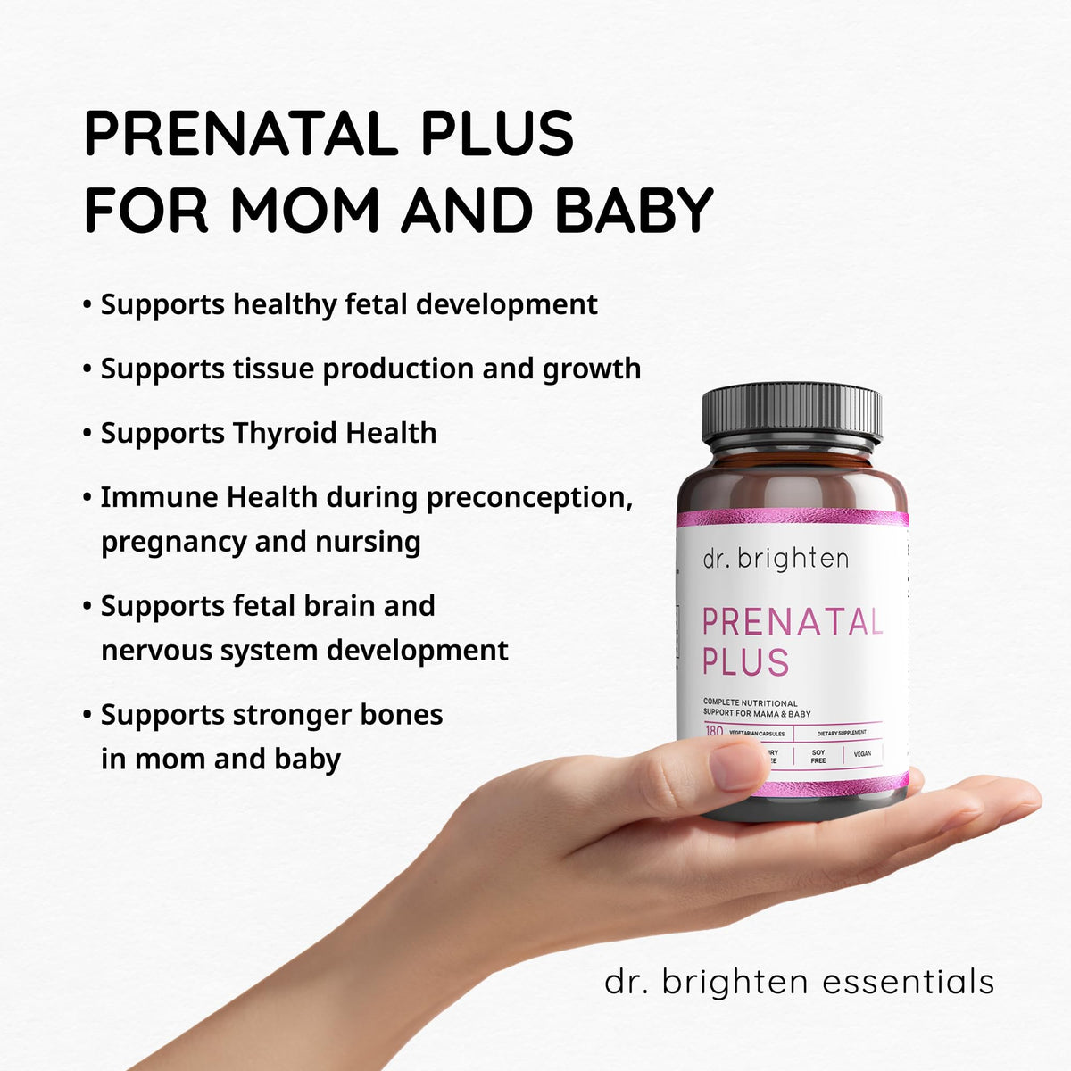 Dr. Brighten Prenatal Plus sur une table avec des éléments naturels