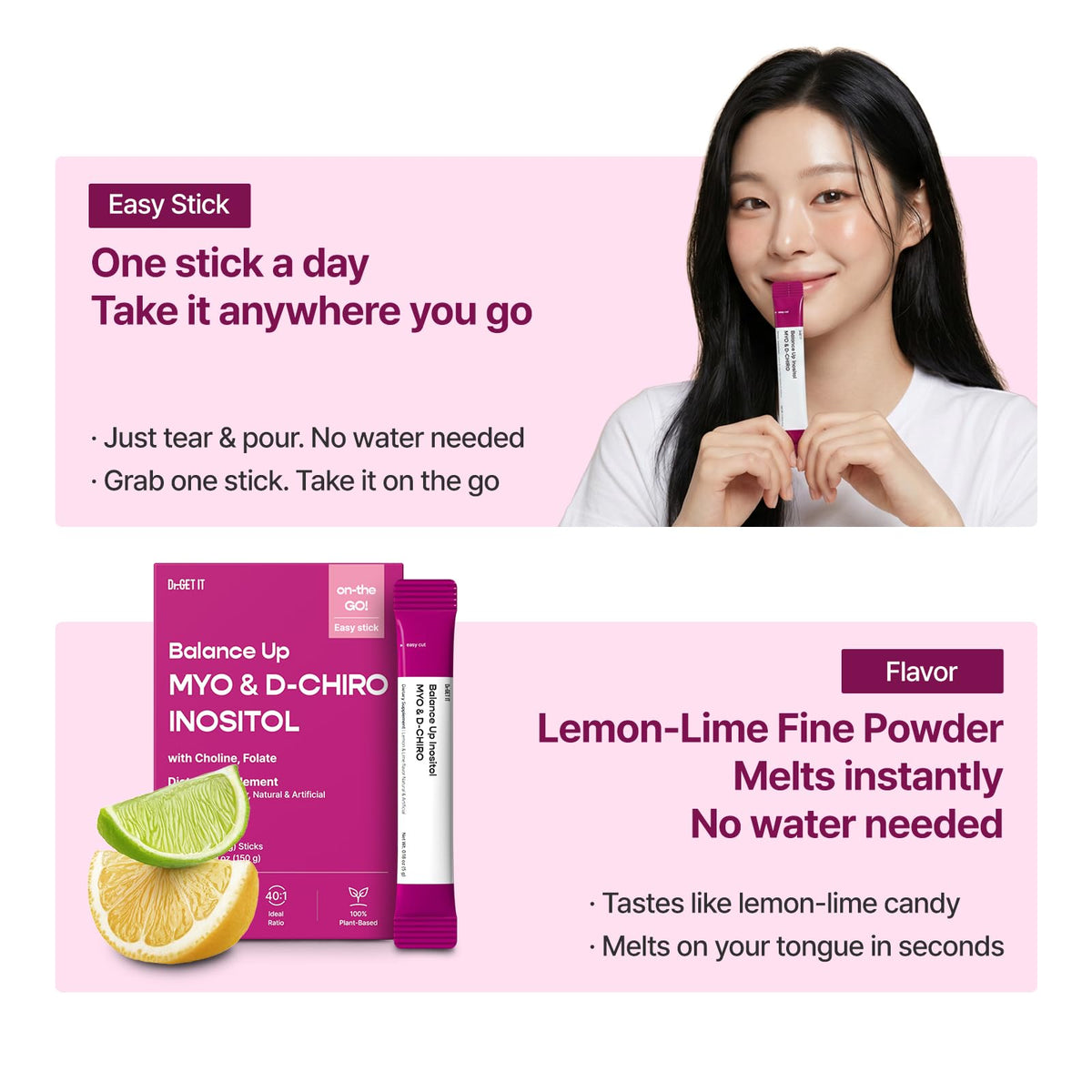 Dr.GET IT Balance Up Inositol 40:1 stick dans un verre d'eau