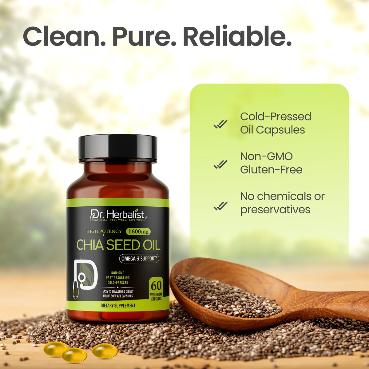 Dr. HERBALIST Huile de Graines de Chia 1600mg avec un verre d'eau