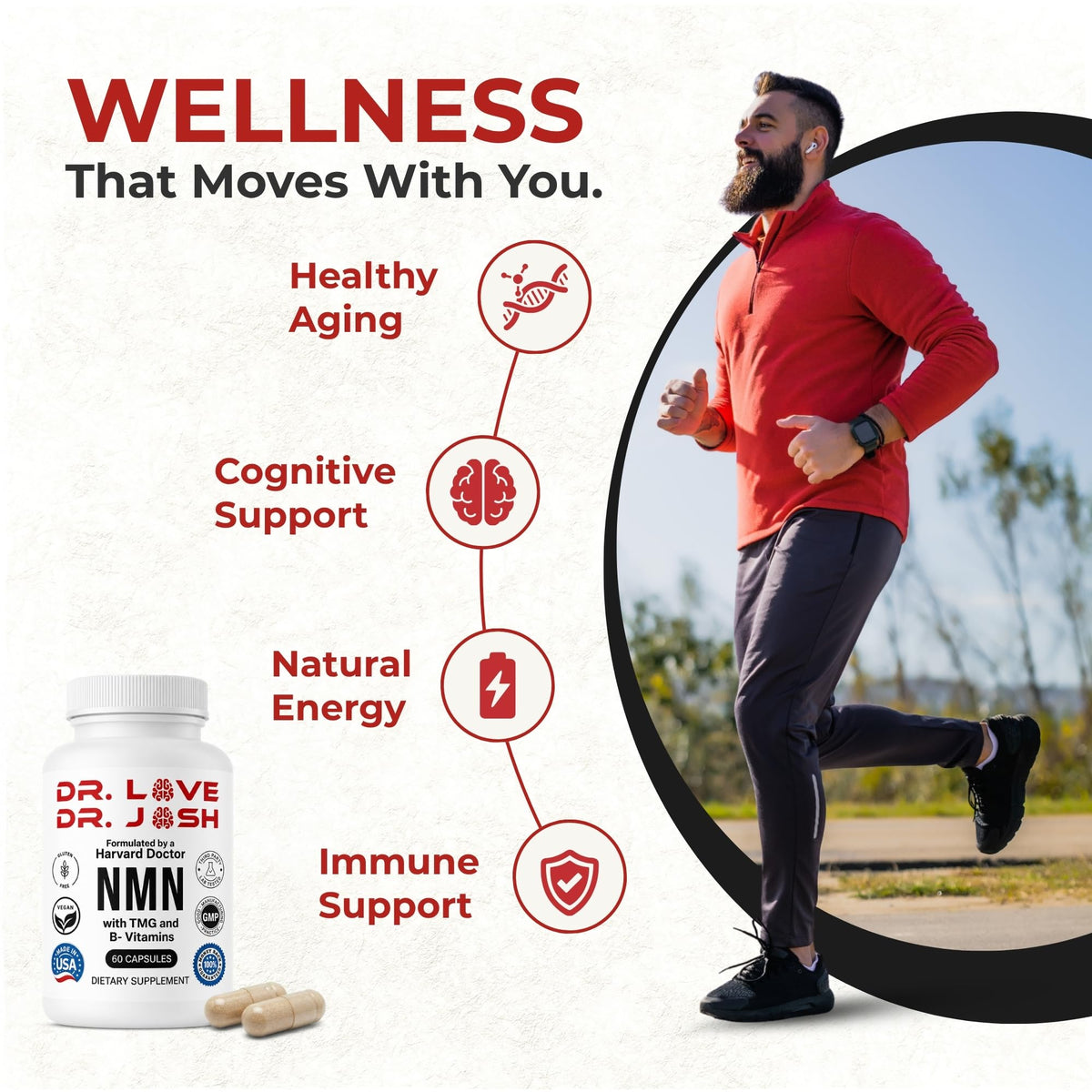 Dr. Love NMN 1000mg, capsules sur une table en bois