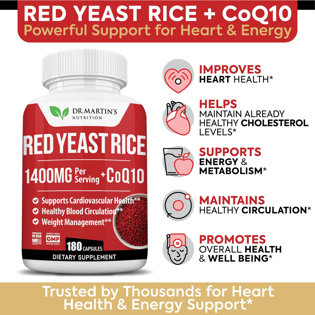 DR. MARTIN'S NUTRITION 180 capsules de riz rouge et CoQ10 sur une table