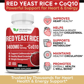 DR. MARTIN'S NUTRITION 180 capsules de riz rouge et CoQ10 sur une table