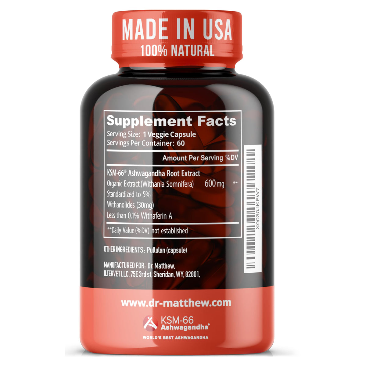 Dr. Matthew Ashwagandha KSM 66 Bio 600mg Capsules - capsules sur une surface