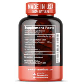 Dr. Matthew Ashwagandha KSM 66 Bio 600mg Capsules - capsules sur une surface