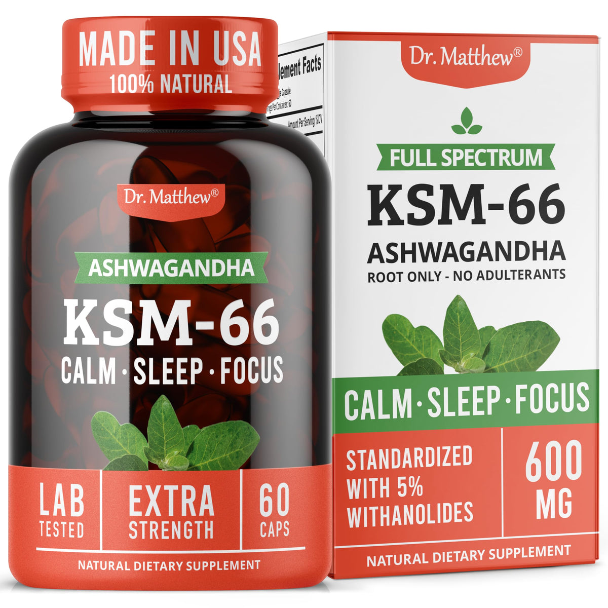 Dr. Matthew Ashwagandha KSM 66 Bio 600mg Capsules - vue avant
