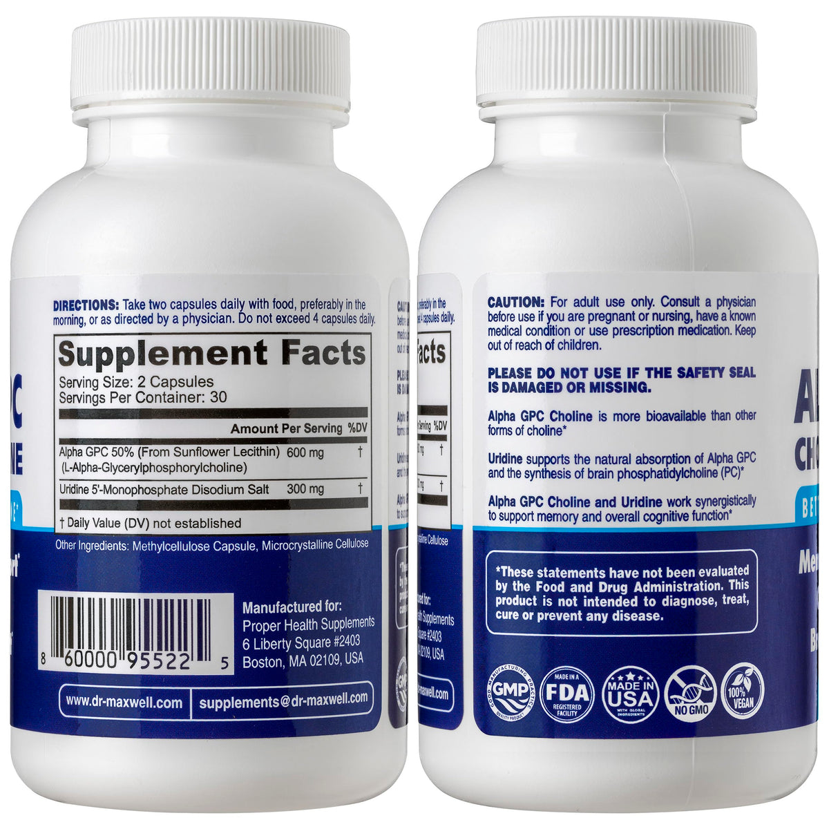 Dr. Maxwell Alpha GPC 600mg + Uridine capsules végétales