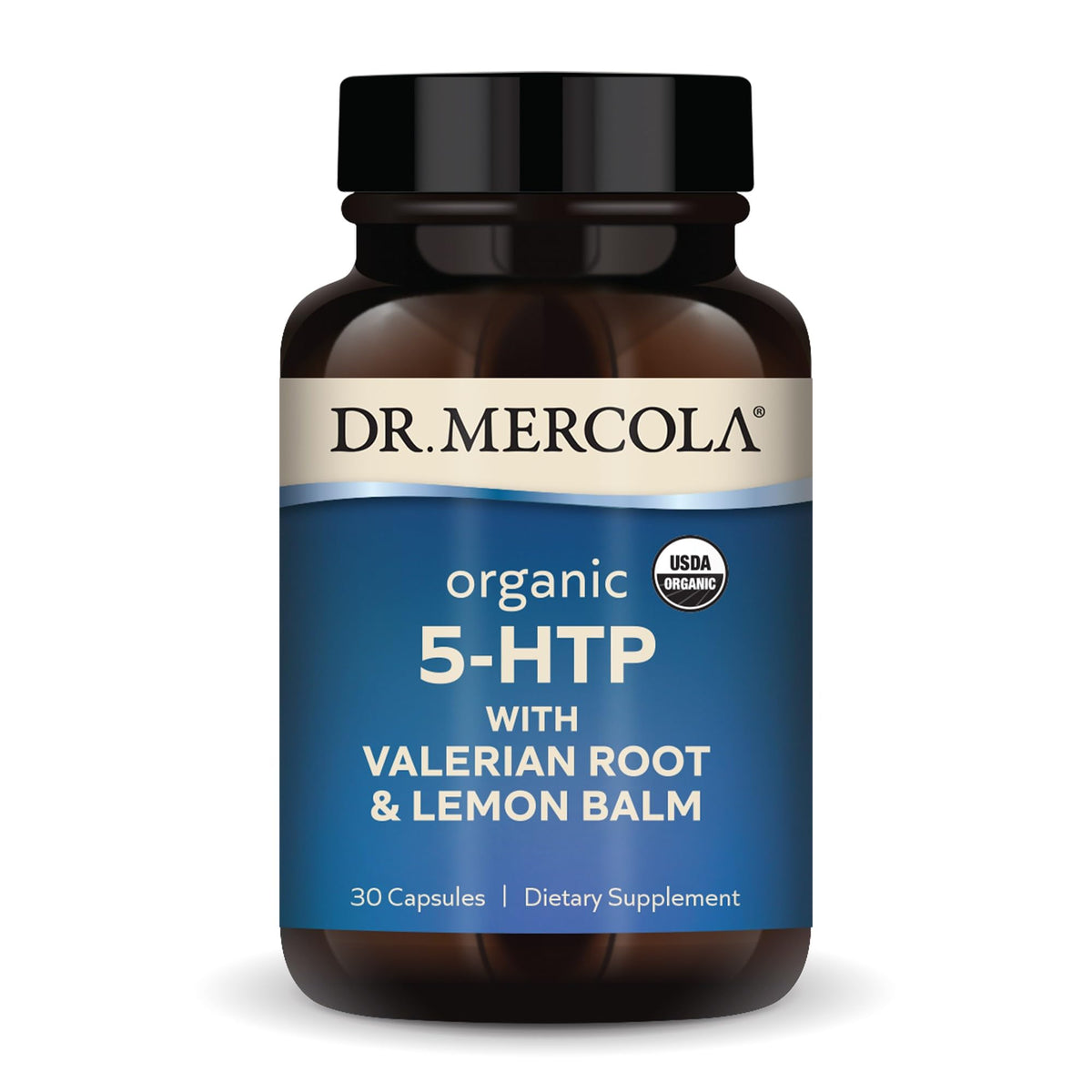 Dr. Mercola 5-HTP Bio avec racine de Valériane et Mélisse, packaging avant
