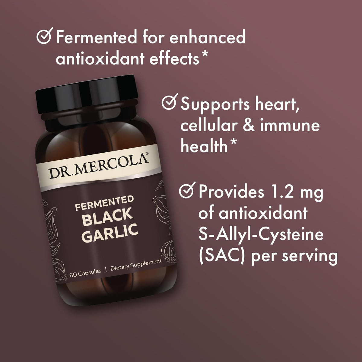 Dr. Mercola Ail Noir Fermenté 60 Capsules sur fond blanc