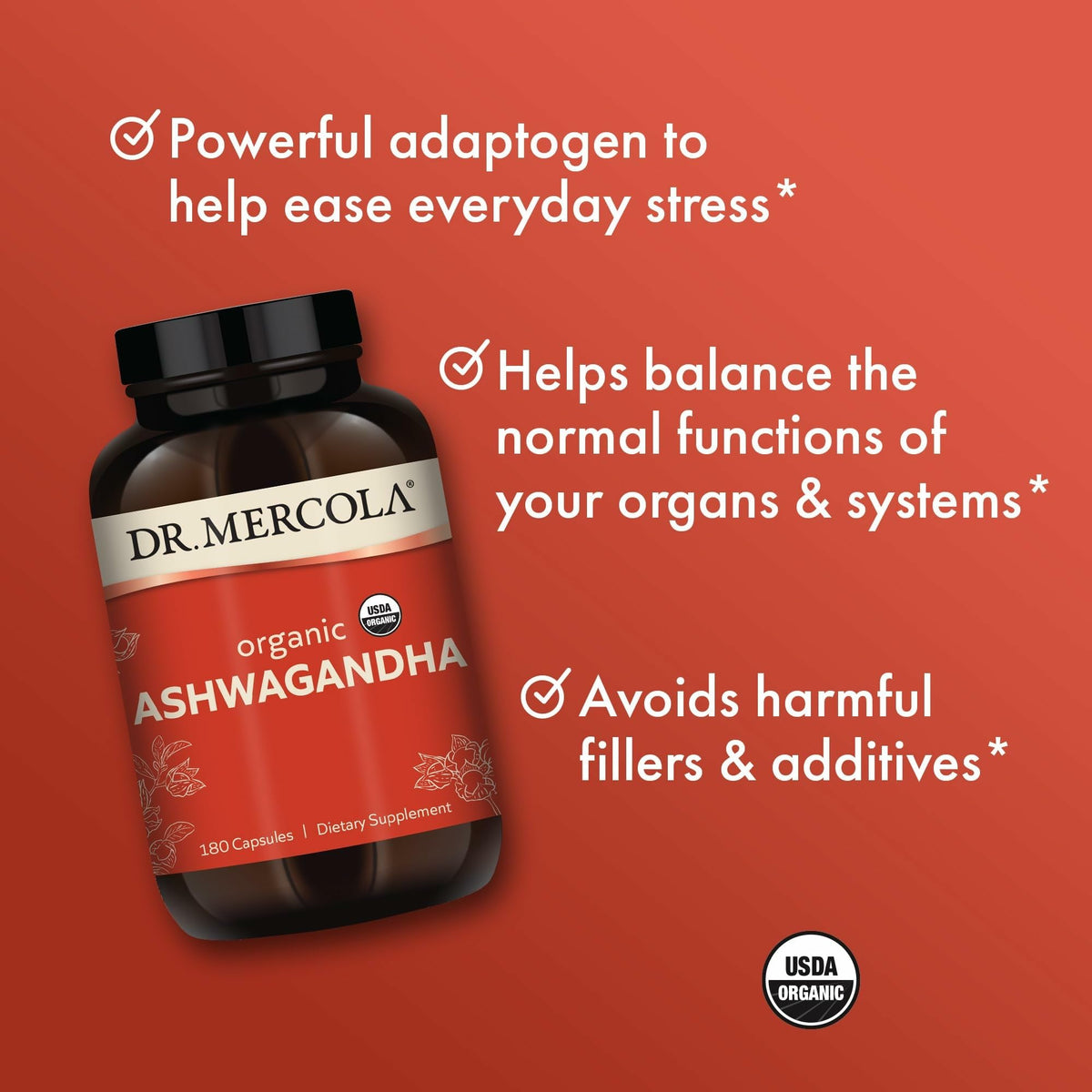 Dr. Mercola Ashwagandha Bio 800 mg 180 capsules avec étiquette