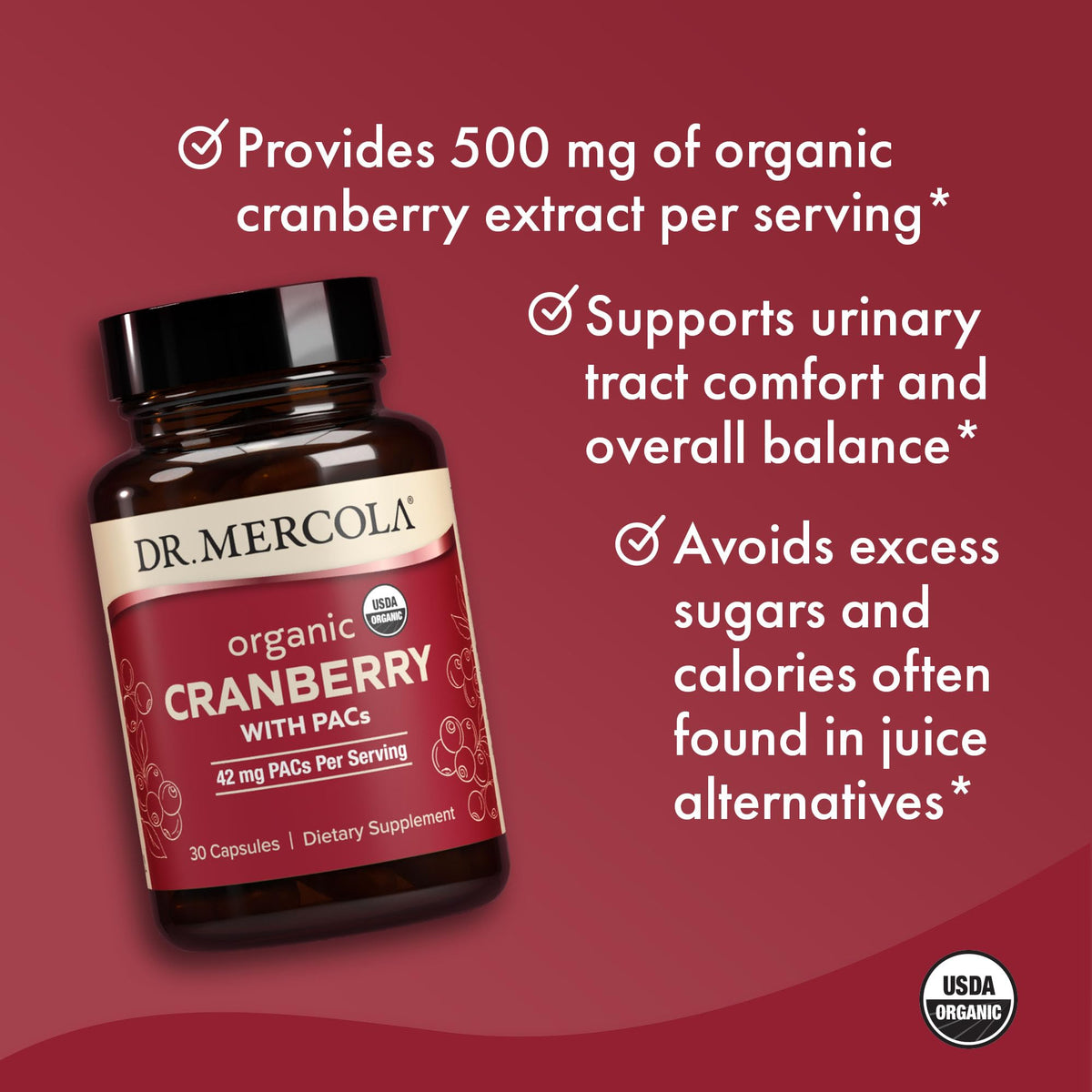 Dr. Mercola Canneberge Bio 30 Capsules ouvert avec capsules visibles
