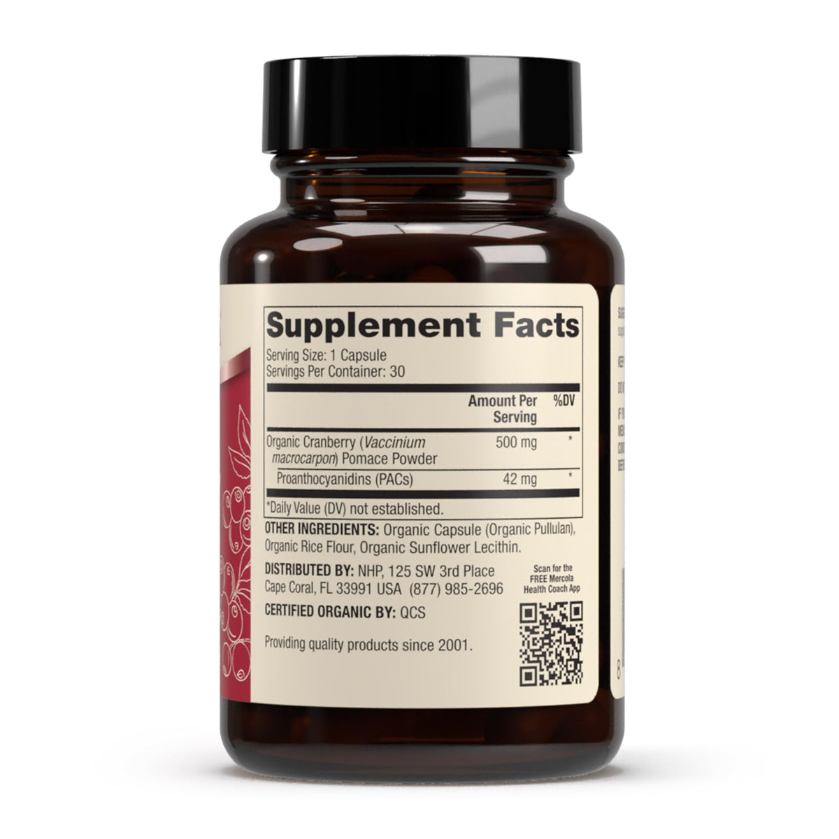 Dr. Mercola Canneberge Bio 30 Capsules vue latérale montrant la taille des capsules