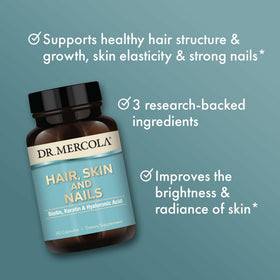 Dr. Mercola Cheveux, Peau et Ongles 30 capsules avec une main tenant une gélule