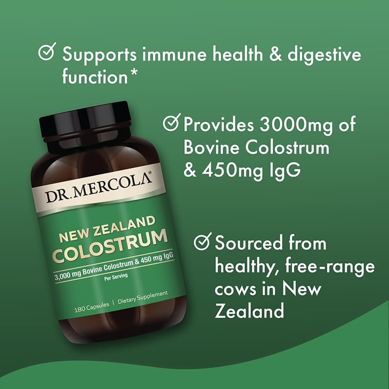 Dr. Mercola Colostrum Nouvelle-Zélande 3 000 mg avec étiquette visible