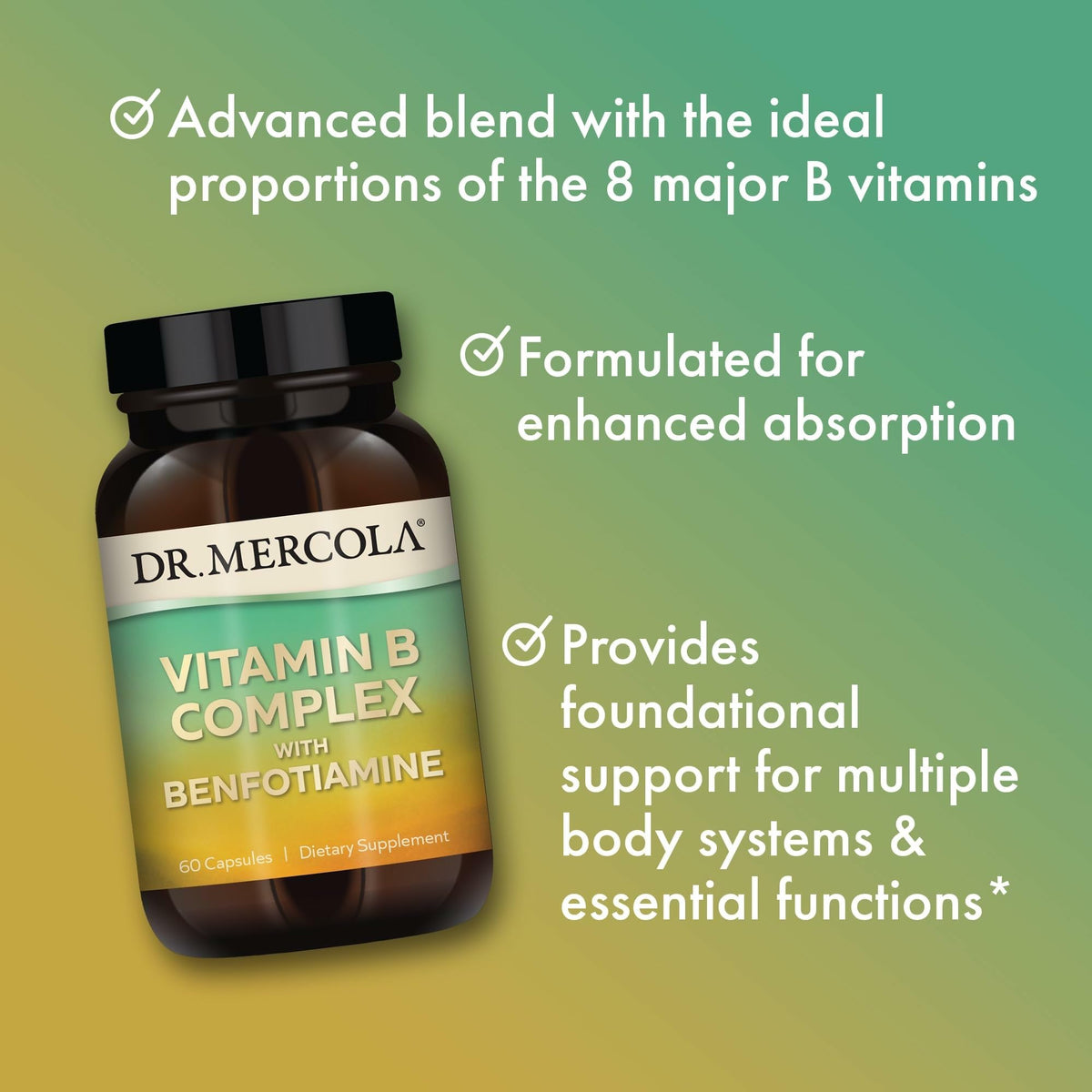 Dr. Mercola Complexe de Vitamines B 60 Capsules sur fond neutre