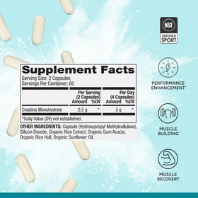 Dr. Mercola Créatine Monohydrate Pure Power capsules sur une table