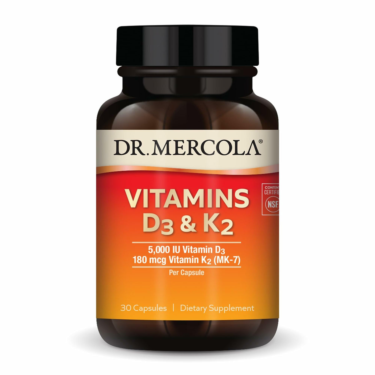 Dr. Mercola D3 et K2 5 000 UI 30 capsules, vue de face