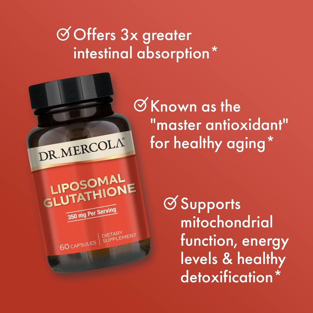 Dr. Mercola Glutathione Liposomal 350 mg - capsules sur une table