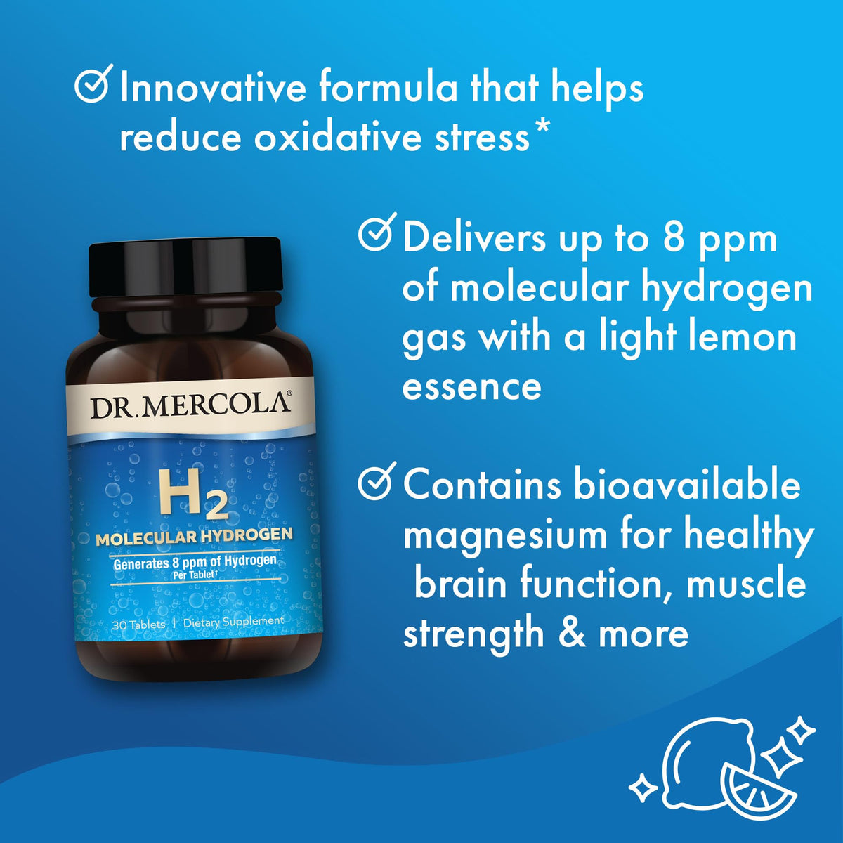 Dr. Mercola H2 Hydrogène Moléculaire 30 comprimés côté de la boîte