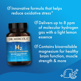 Dr. Mercola H2 Hydrogène Moléculaire 30 comprimés côté de la boîte