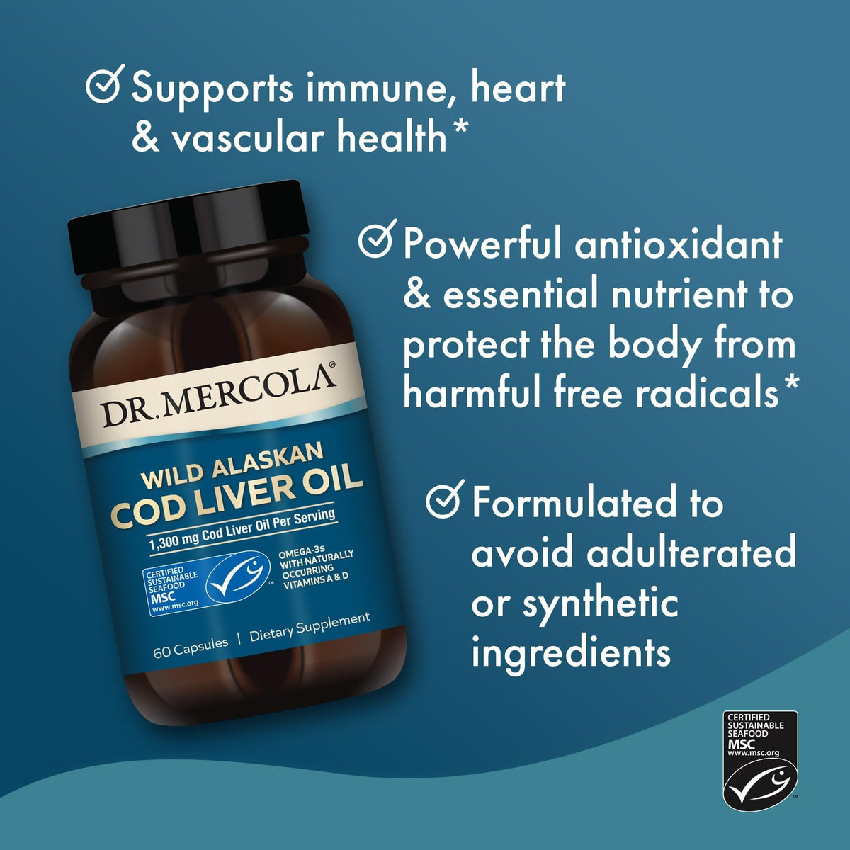 Dr. Mercola Huile de Foie de Morue 1300 mg 60 Capsules avec étiquette