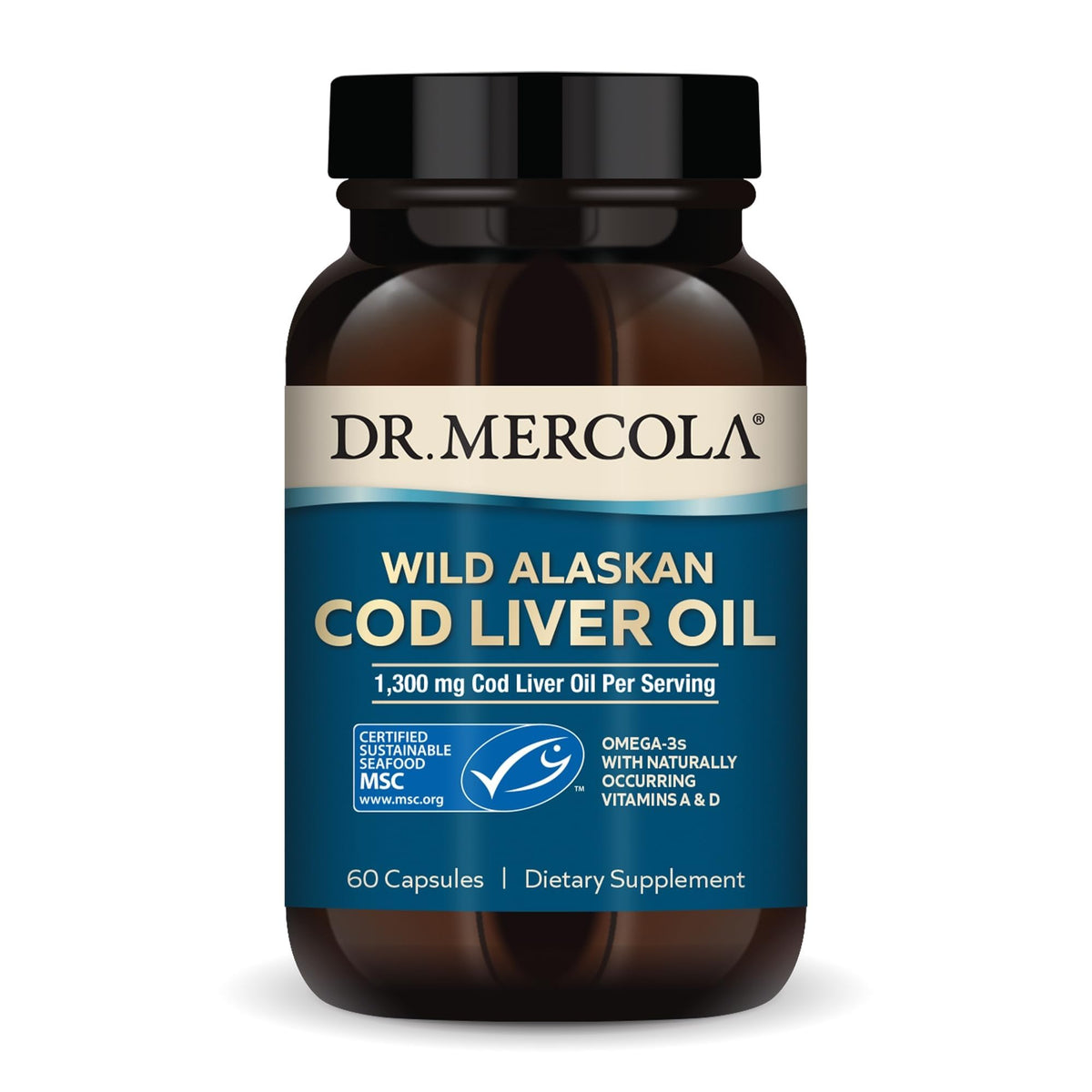 Dr. Mercola Huile de Foie de Morue 1300 mg 60 Capsules vue de face