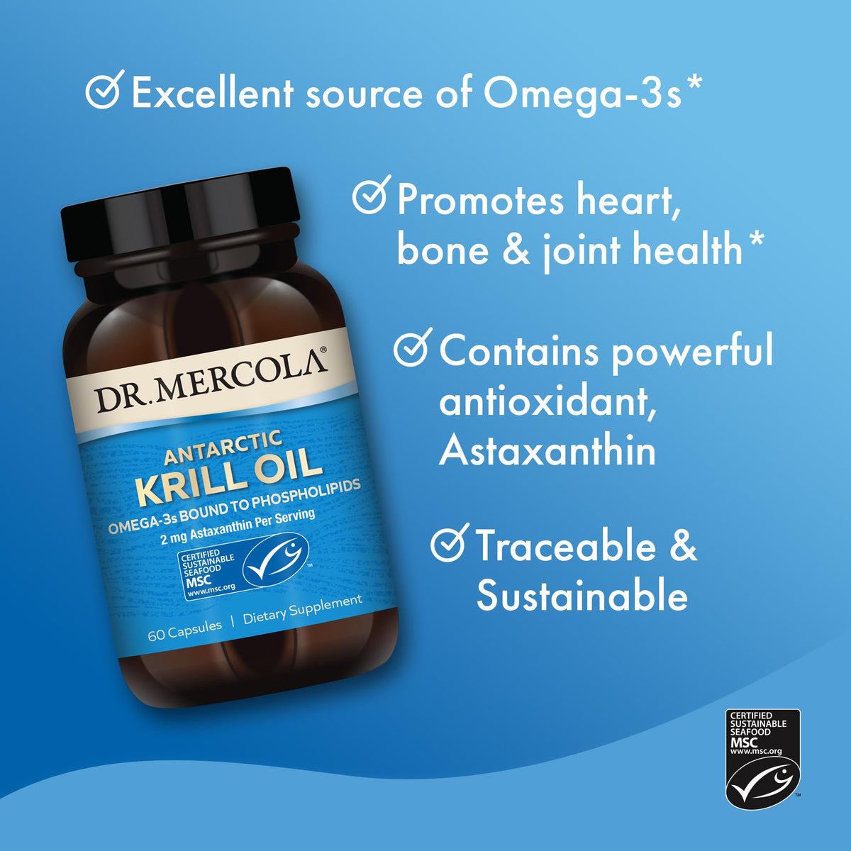 Dr. Mercola Huile de Krill Antarctique 1000 mg capsules sur fond blanc