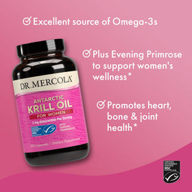 Dr. Mercola Huile de Krill pour Femmes avec un verre d'eau