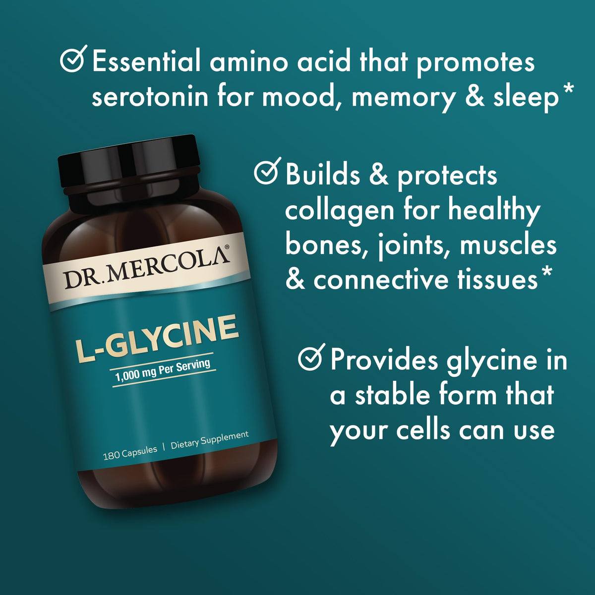 Dr. Mercola L-Glycine 180 capsules sur fond neutre