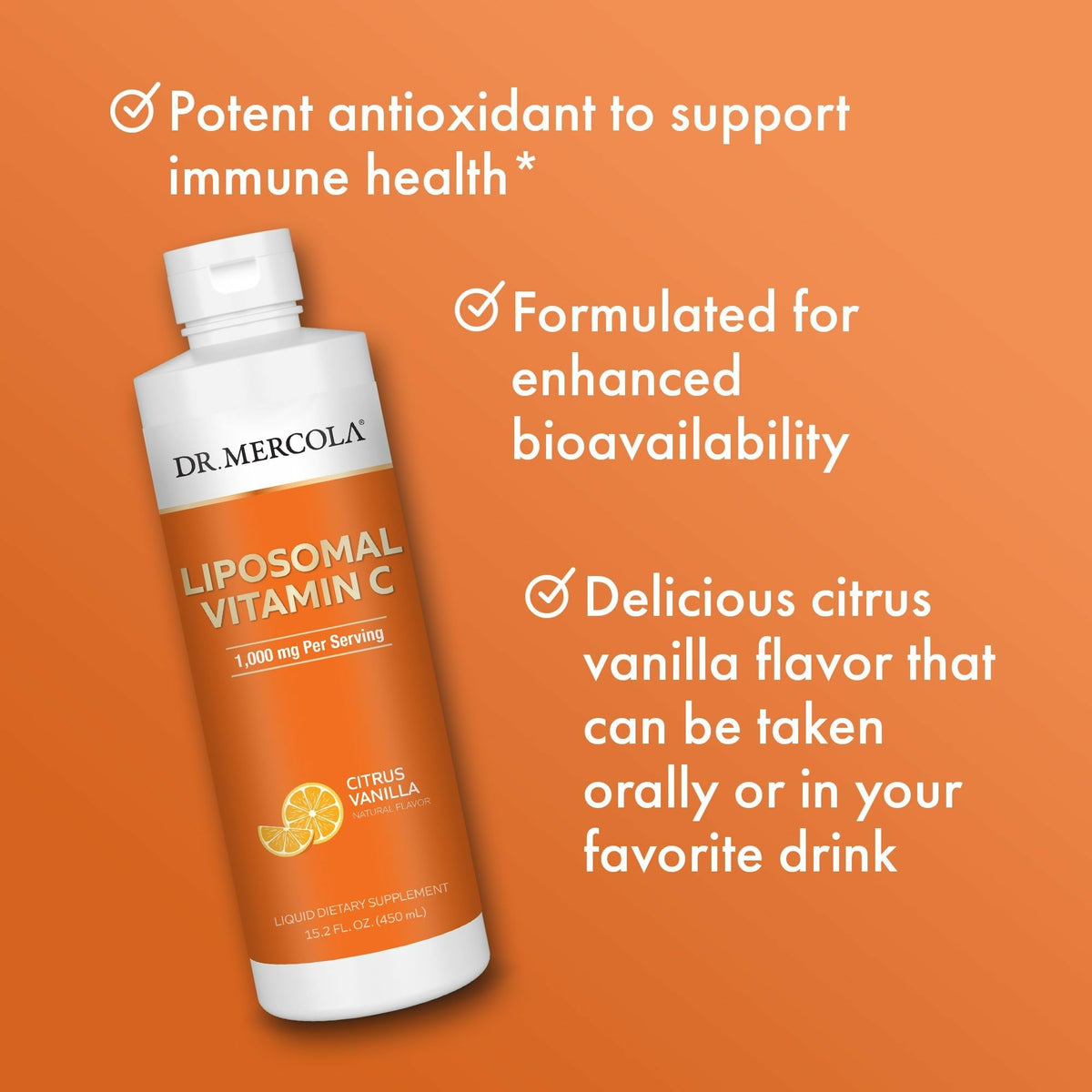Dr. Mercola Liposomal Vitamine C versé dans un verre