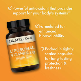 Dr. Mercola Liposomal Vitamine D3 10 000 UI 90 capsules, présentation sur une table