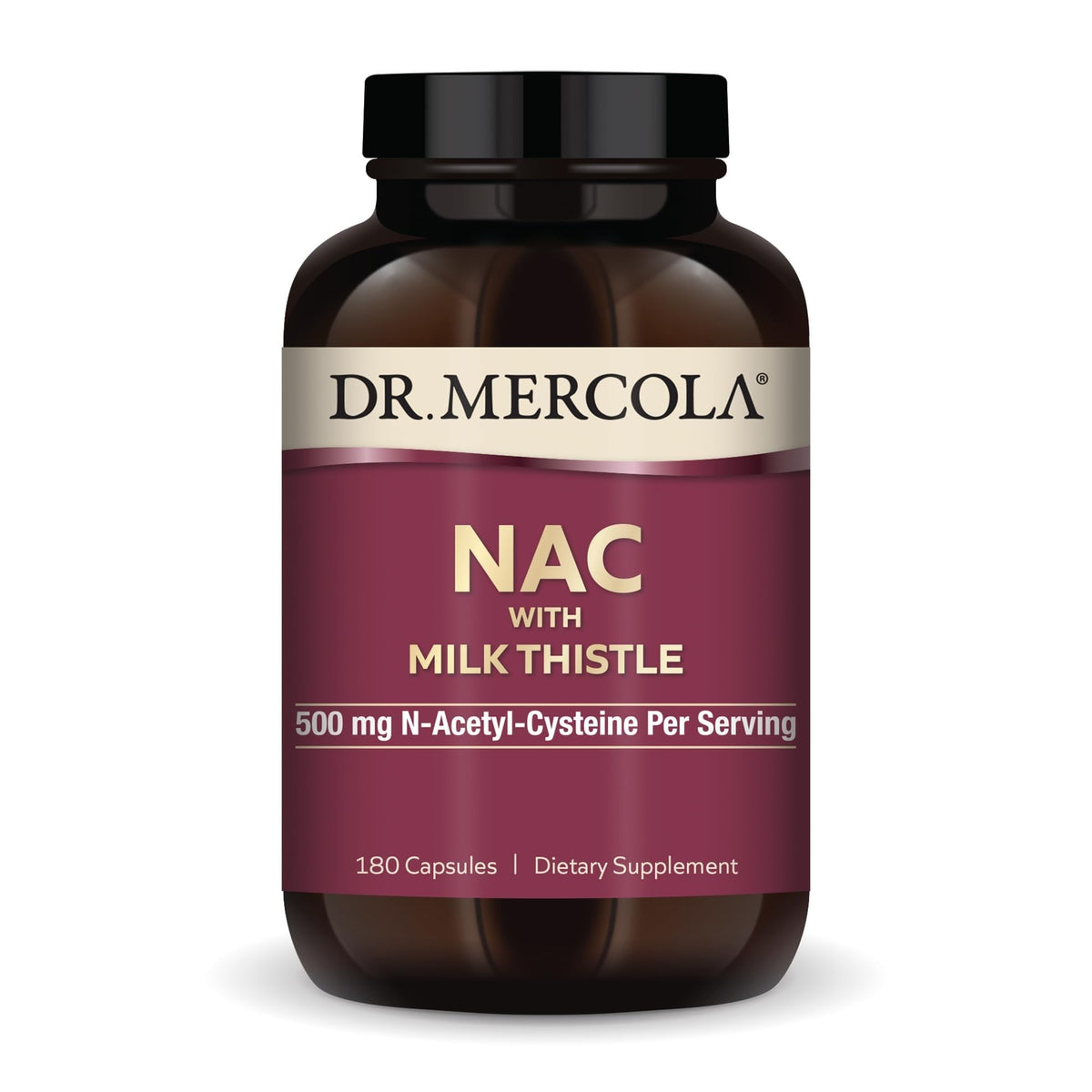Dr. Mercola NAC avec Chardon-Marie 500 mg, 180 capsules, vue de face